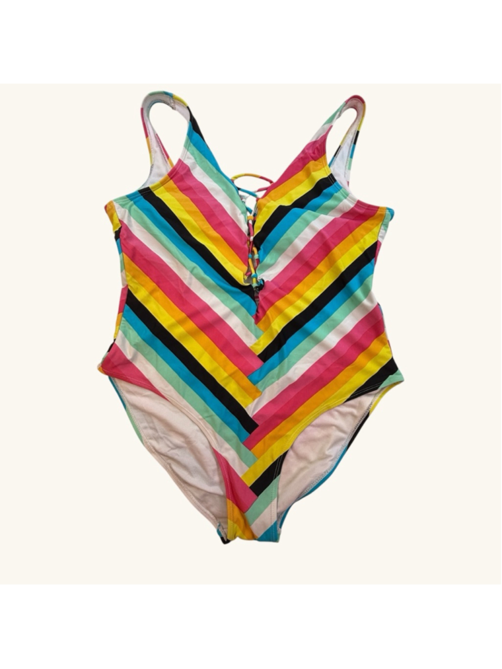 Rue+ Rainbow Stripe One Piece Swimsuit Women’s Size 1X Lace Up Front